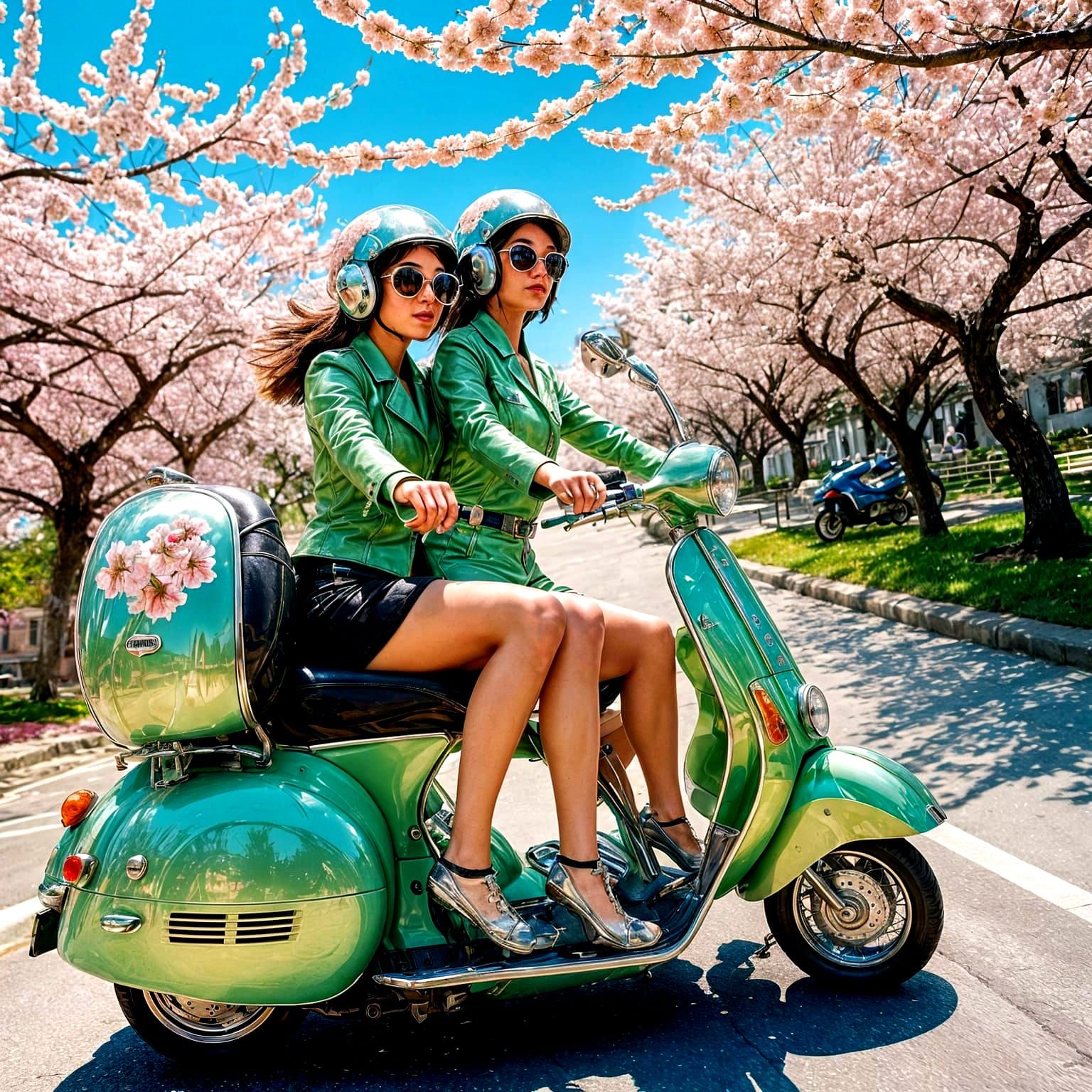 Cherry-Blossom Vespa Sisters