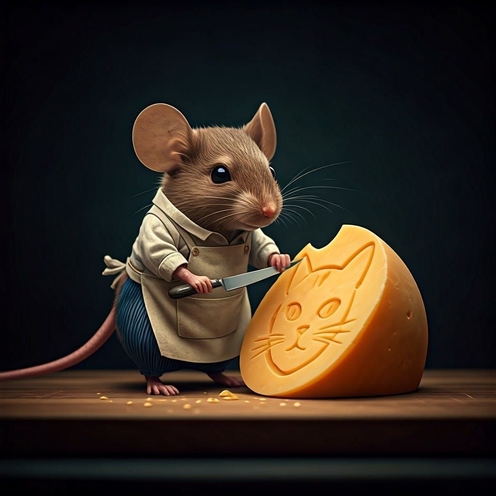 Mouse Chef Carves Cheese Cat: Cinematic Still