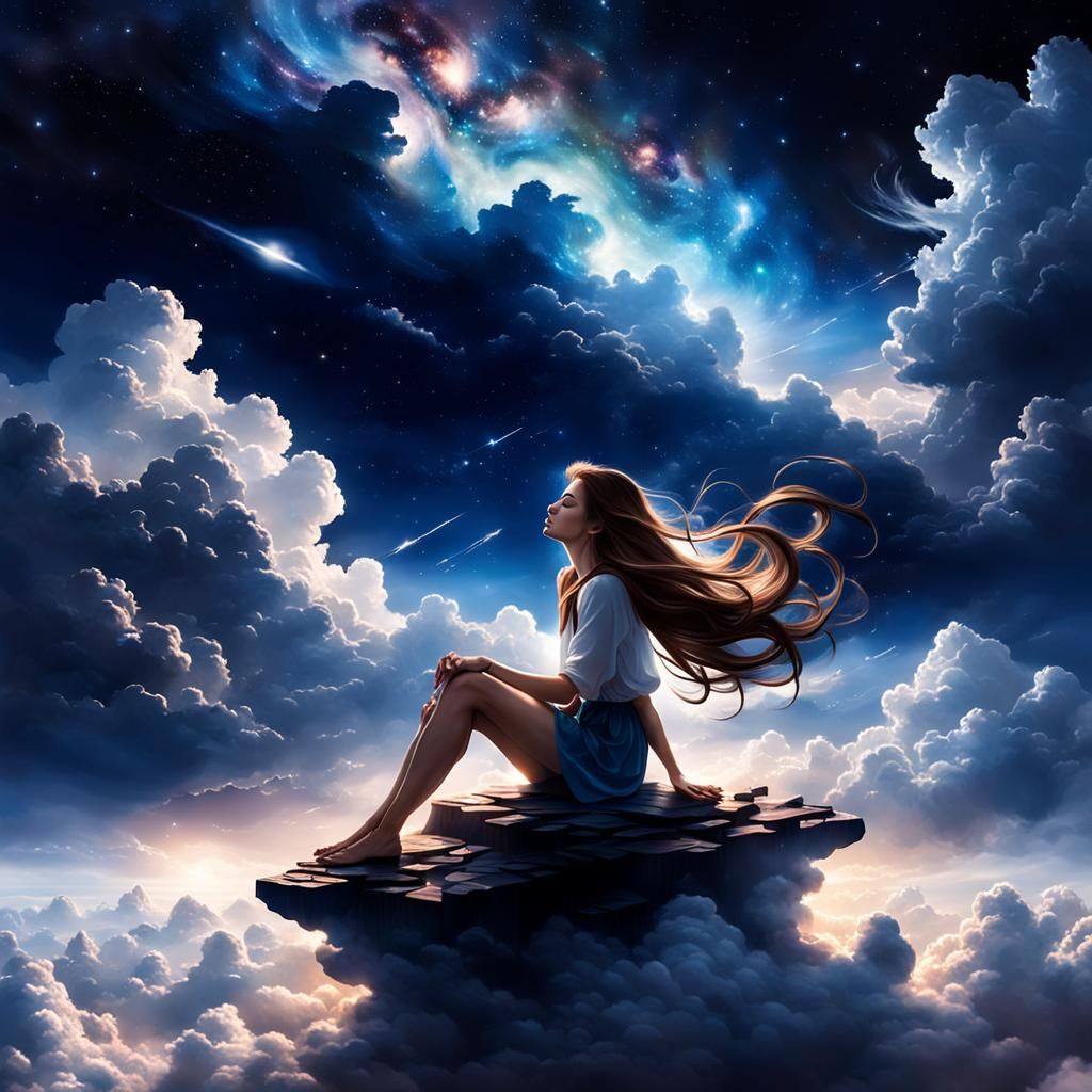 Girl Touches Galaxy From Clouds at Night