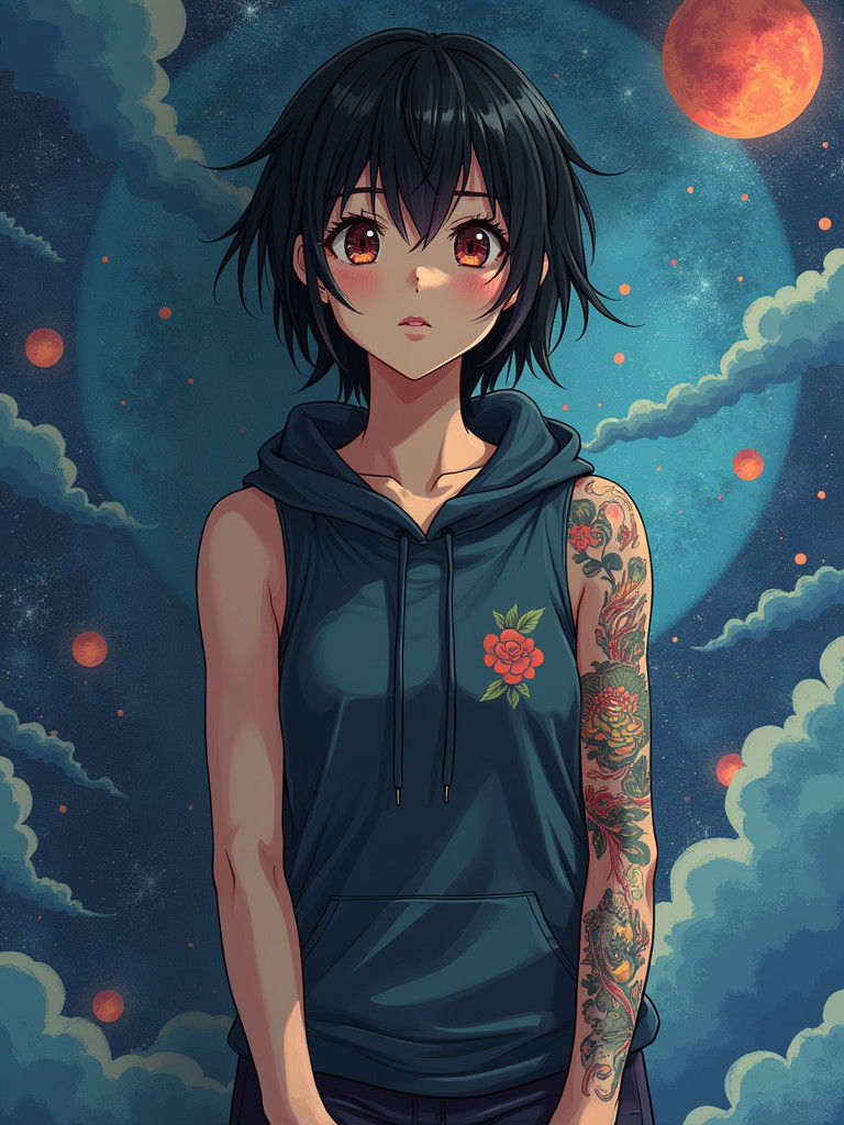 Anime Woman with Tattoos and Dreamscape Wallpaper