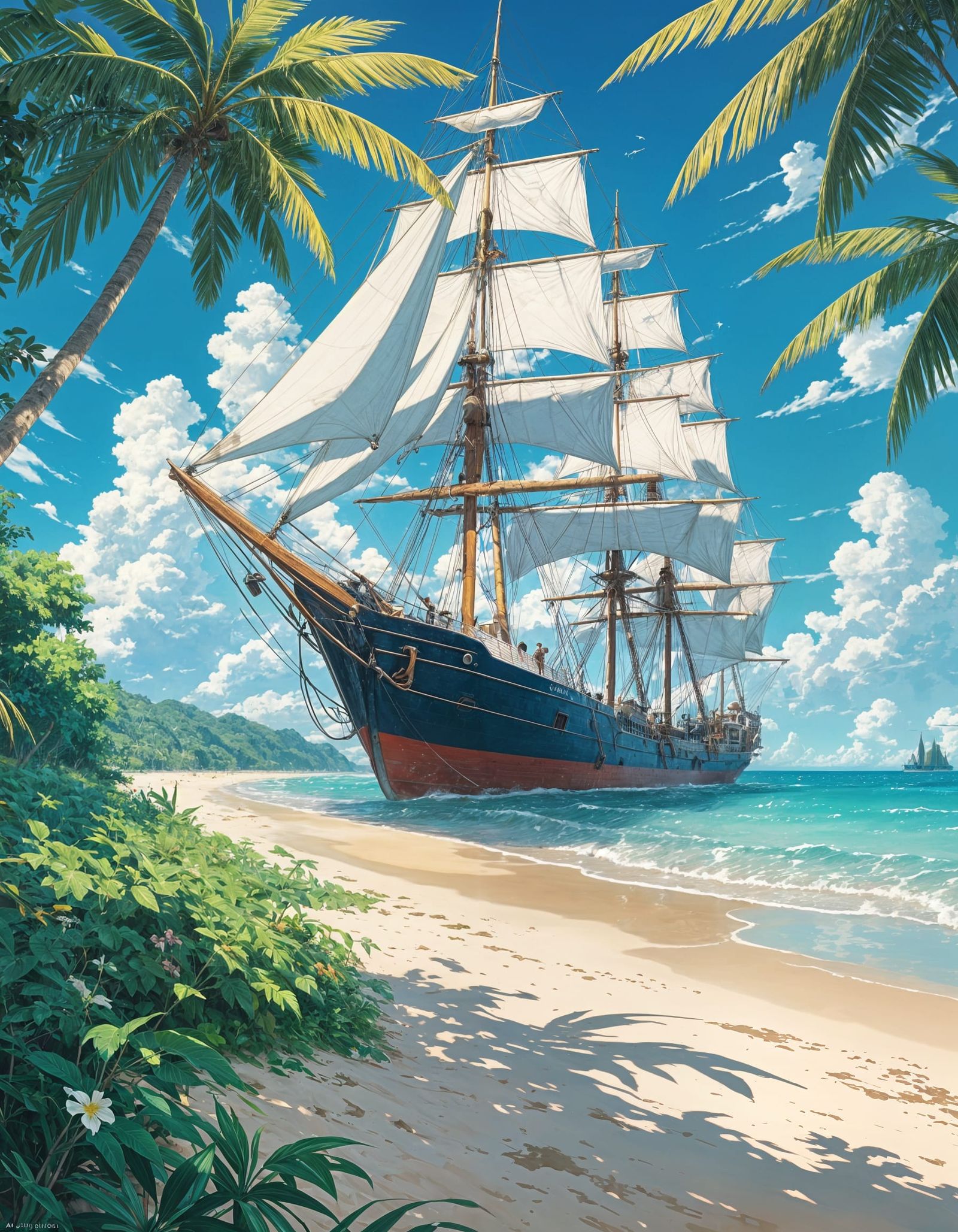 Tranquil Tropical Beach Scene in Ghibli Style