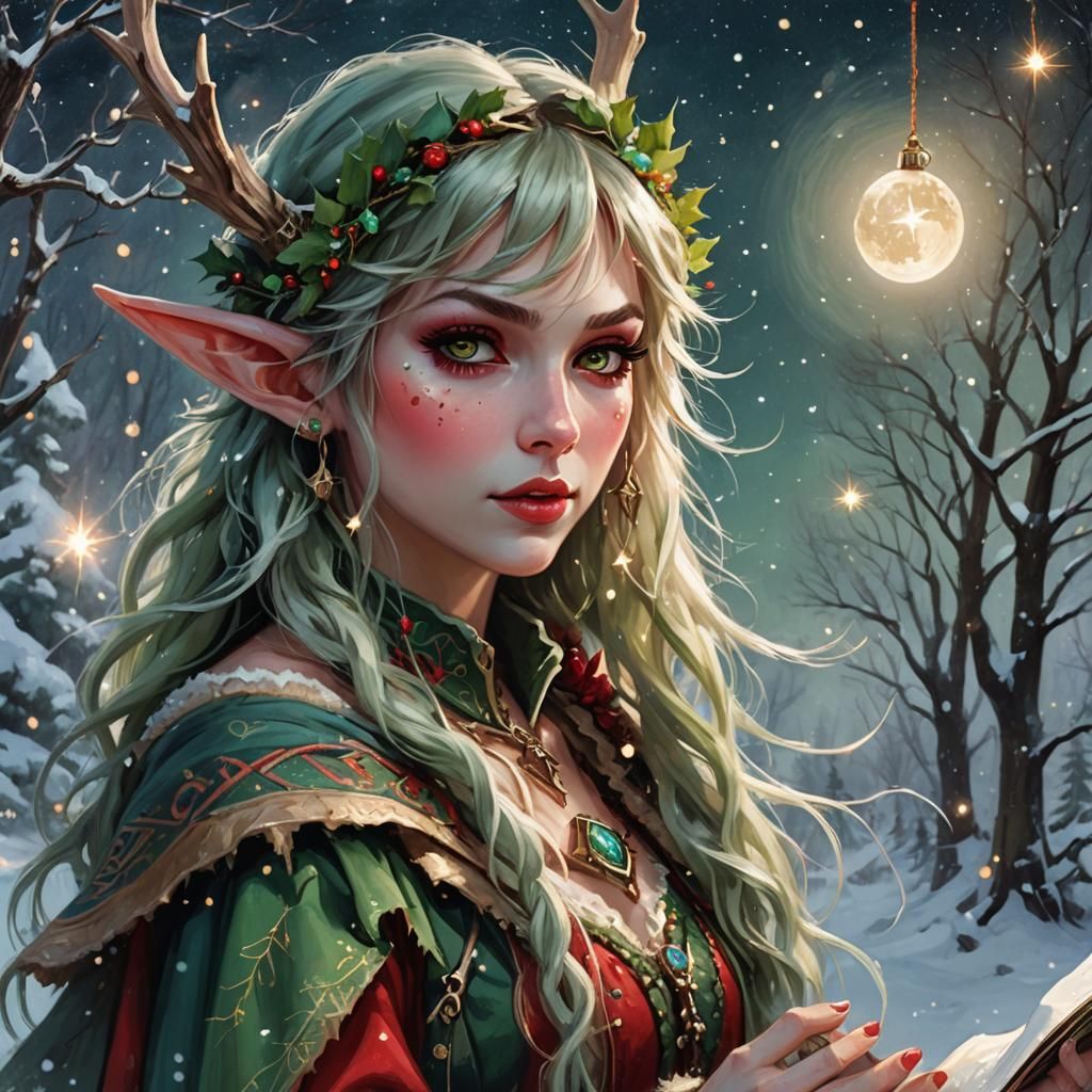 Whimsical Elf Sorceress Casting Spell, Digital Painting