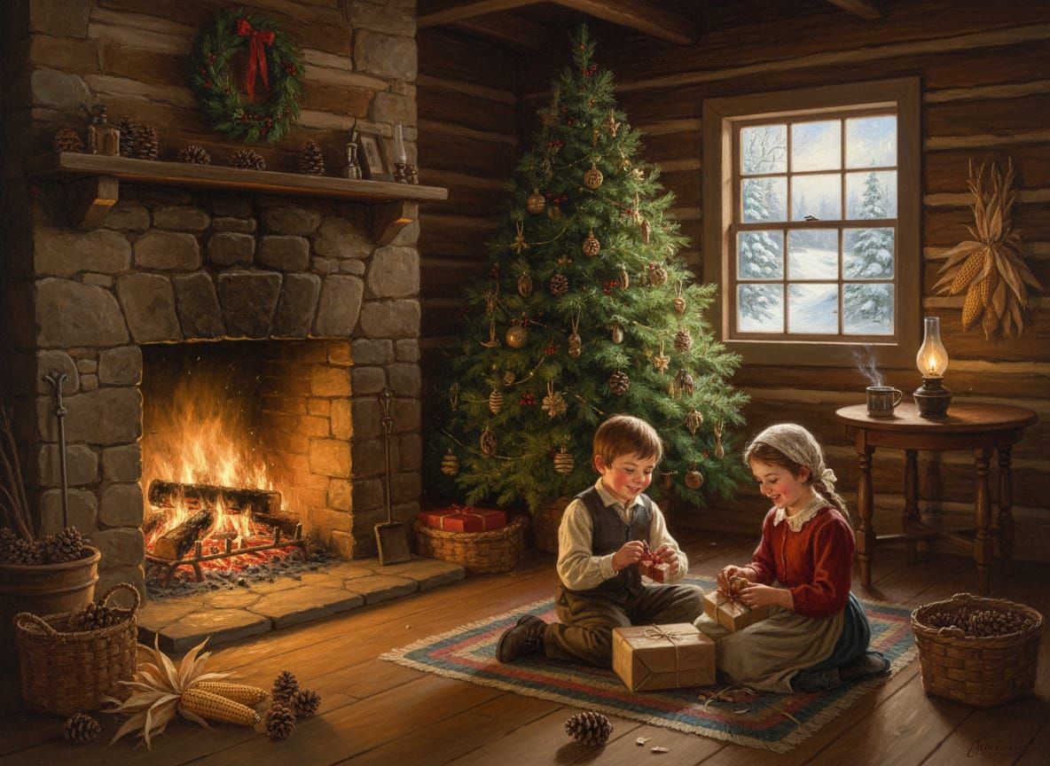 Heartwarming 1850 Pioneer Christmas Scene with Children by F...