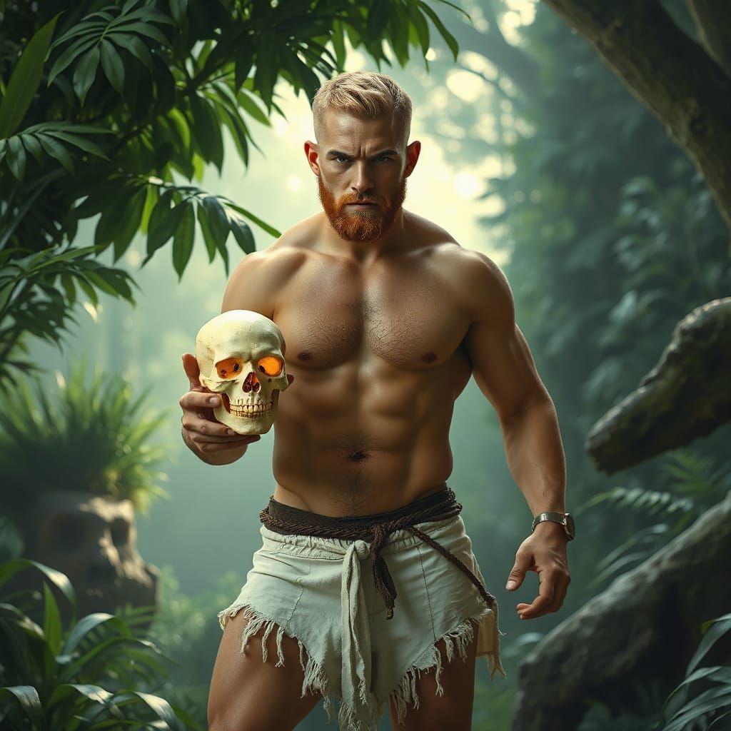 Determined Jungle Warrior Holds Crystal Skull