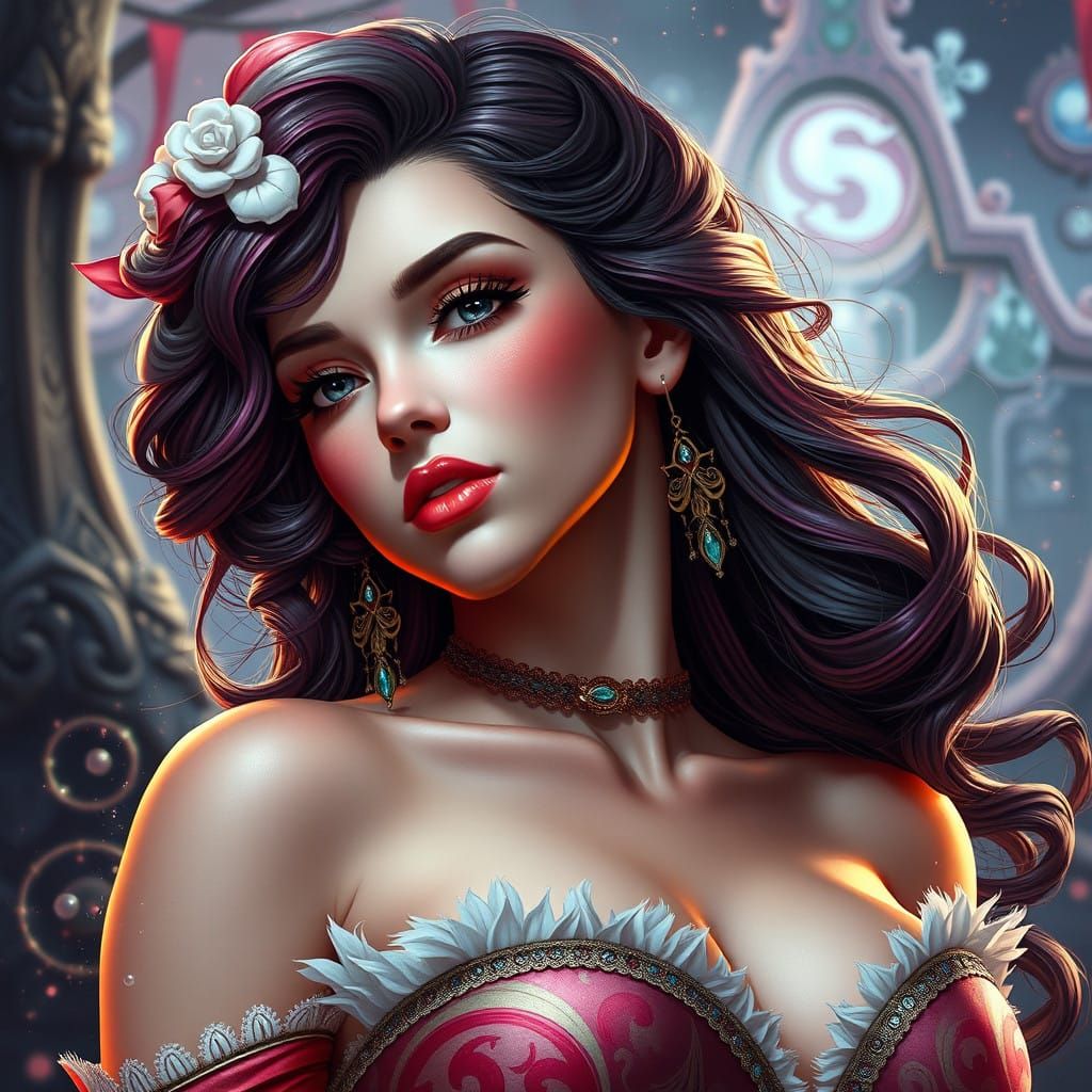 Vibrant Pin Up Girl in Whimsical Fantasy Landscapes