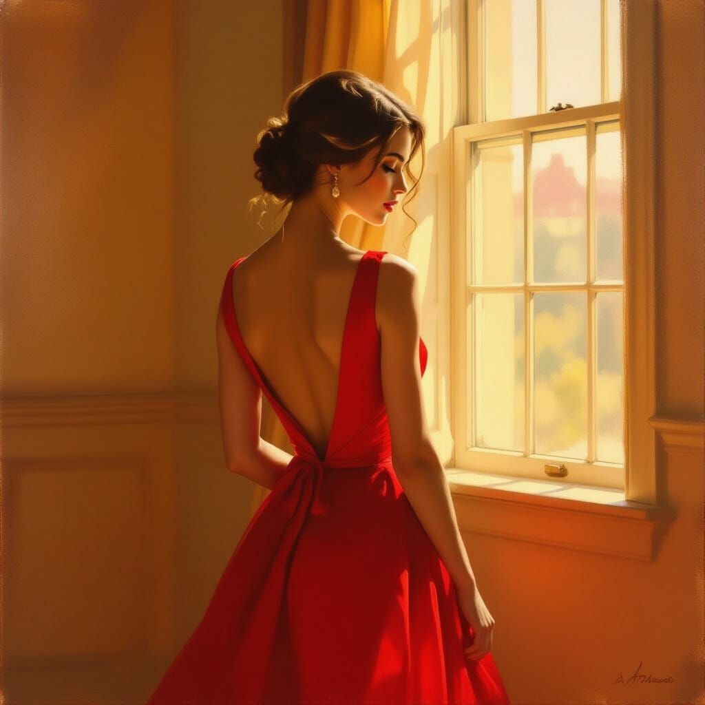 Young Woman's Debut in Elegant Red Dress, Oil Painting Style