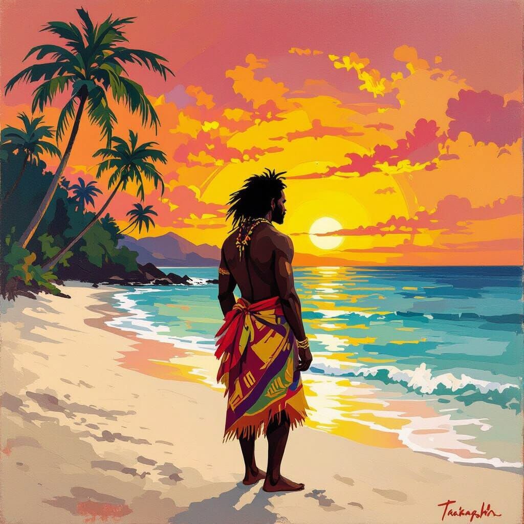 Melanesian Man on Tropical Beach at Sunset