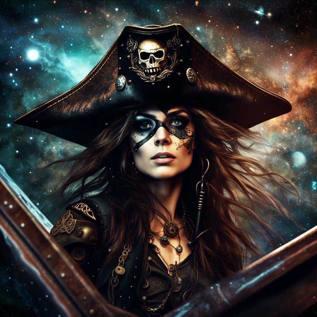 Steampunk Pirate in Cosmic Nebula: Hyperrealistic Gothic Art