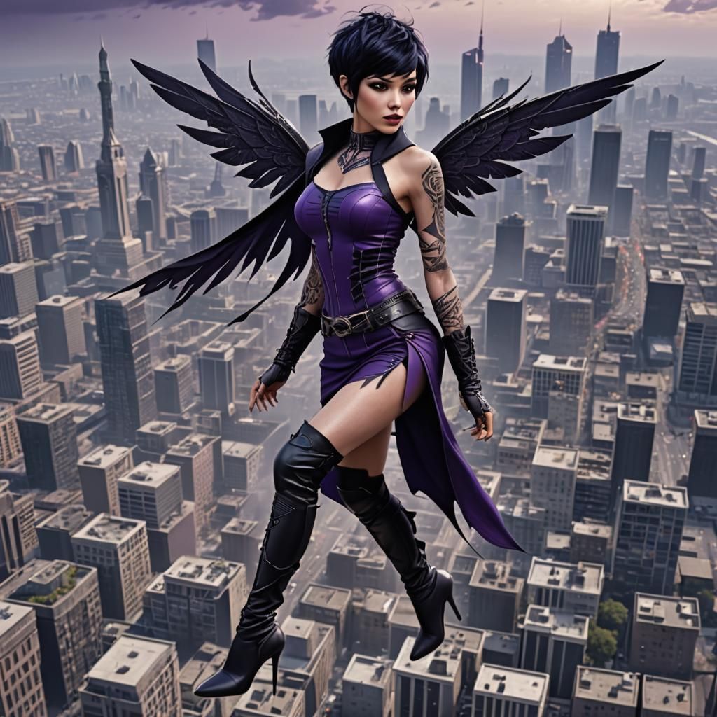 Fairy with Tattoos Flies Over City: 3D Digital Art