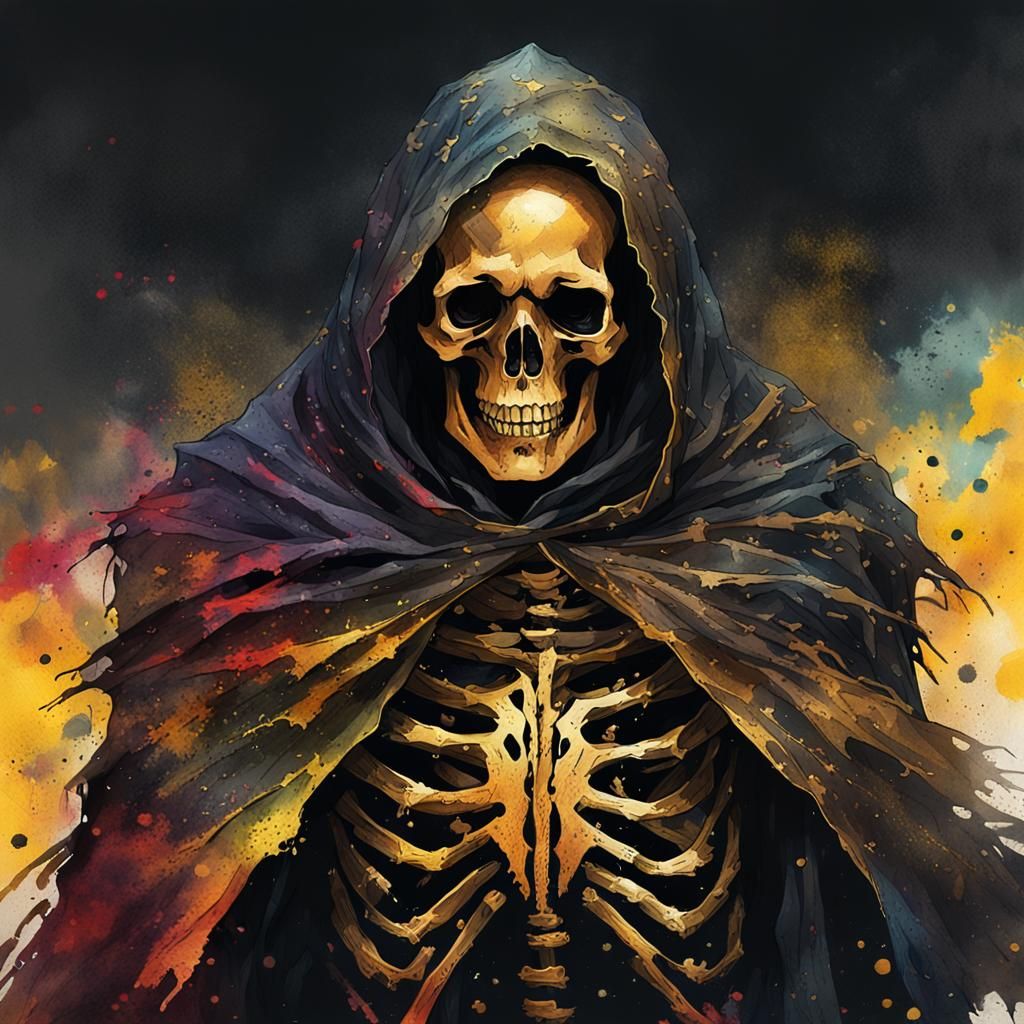 Golden Skeleton in Tattered Cape: Dark Fantasy Art