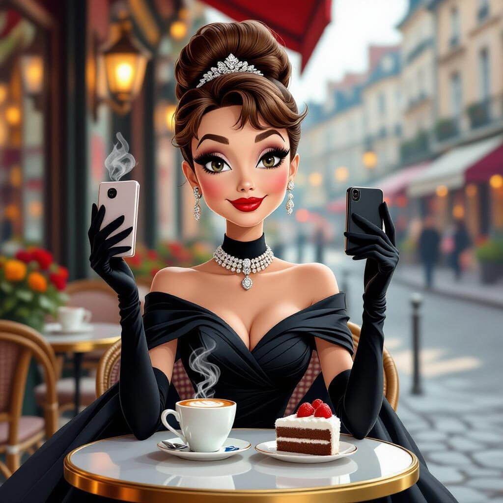 Audrey Hepburn Caricature in Haute Couture at French Cafe
