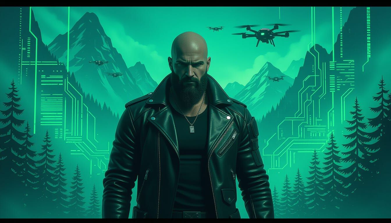 Cyberpunk Bald Man in a Digital Forest