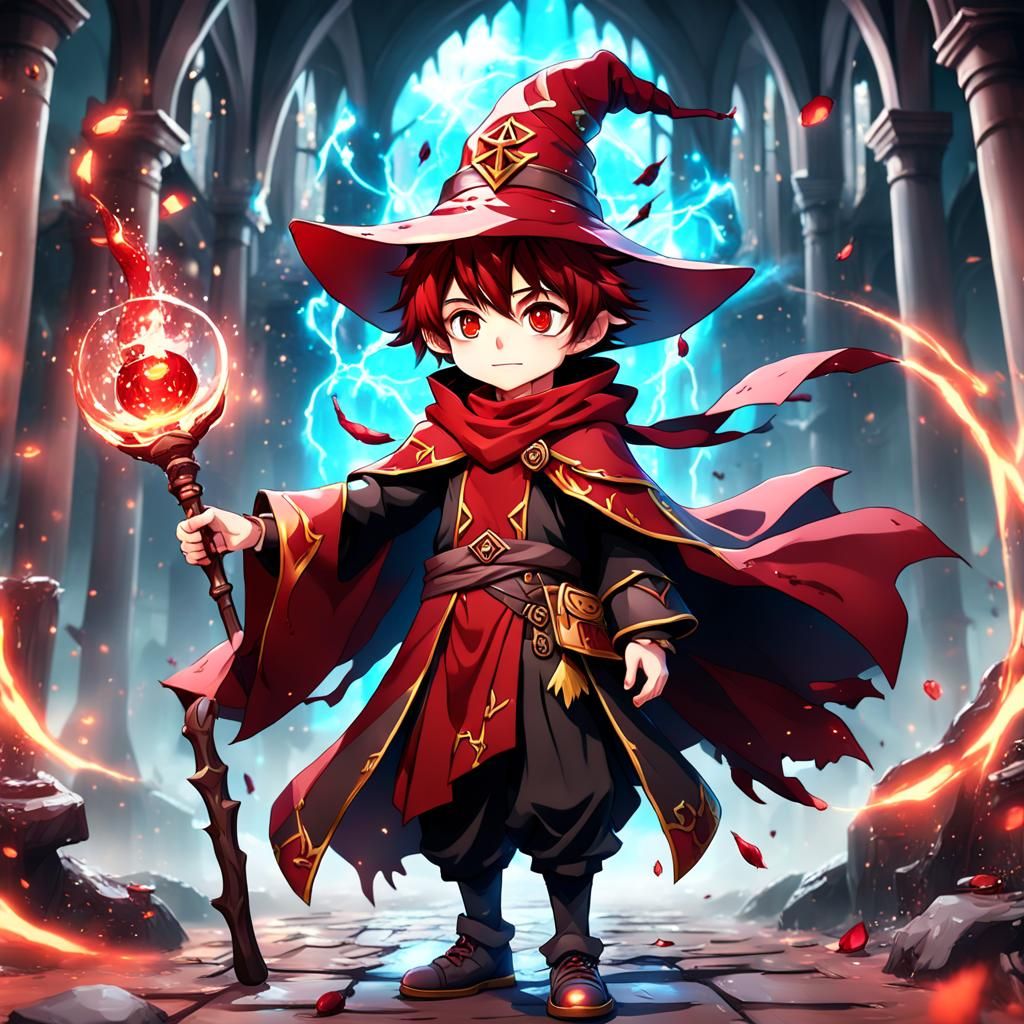 Anime Dark Red Wizard Boy in Detailed Digital Painting