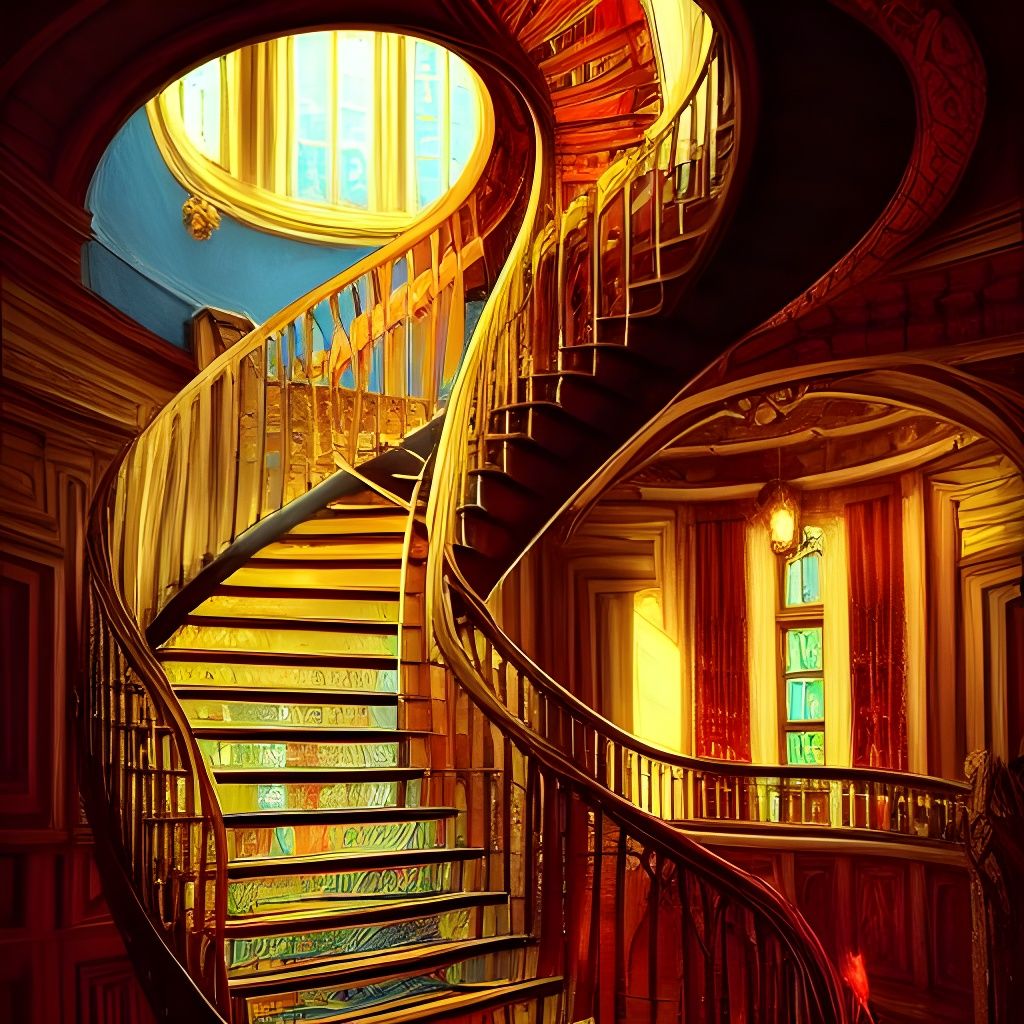 Fancy House Spiral Staircase in Detailed Oil Painting
