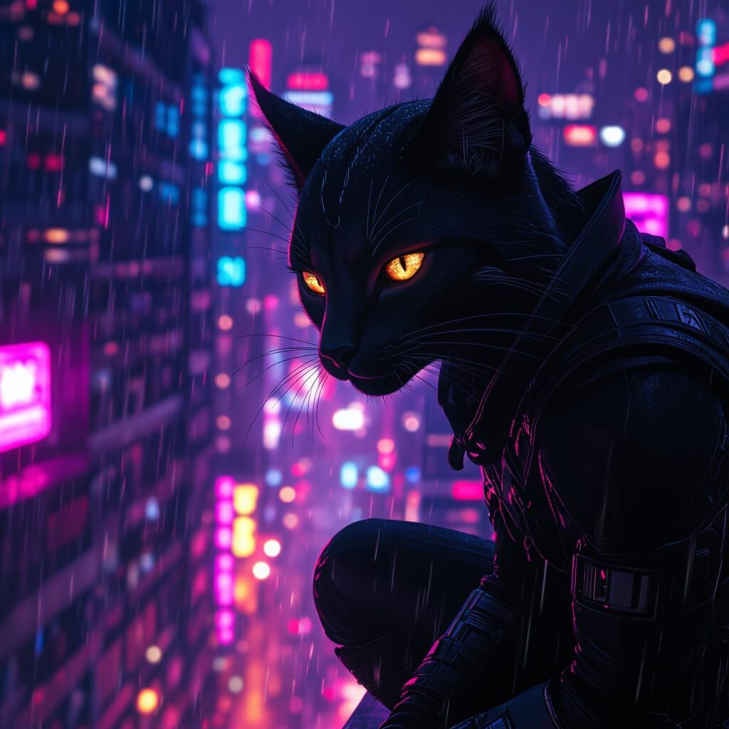 Tabaxi Rogue in a Neon Cyberpunk Cityscape