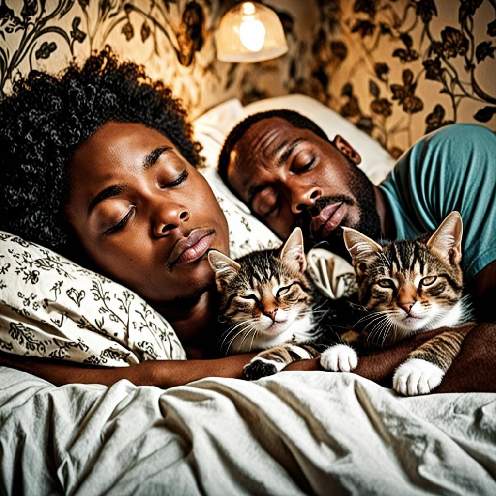 Couple Sleeping with Kittens in Bed