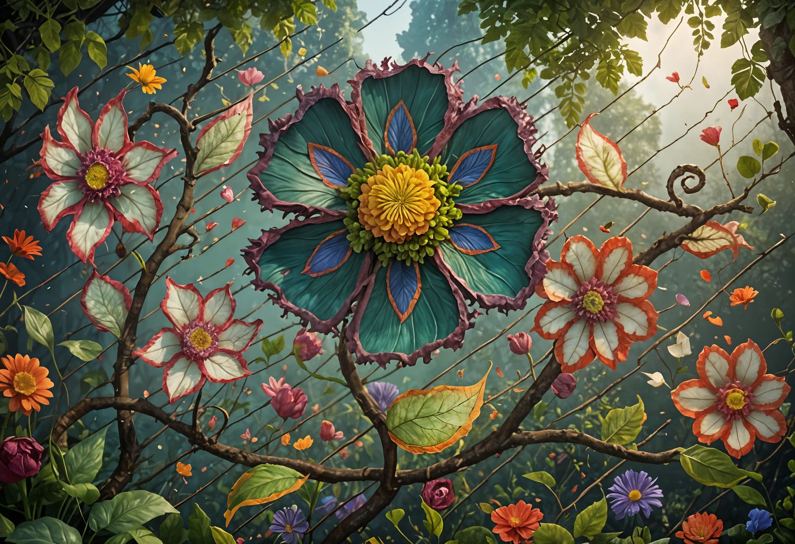 Detailed Matte Painting of Flowers and Leaves
