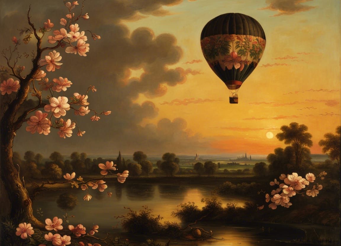 Hot Air Balloon Ascends, Vermeer-Inspired Sunset