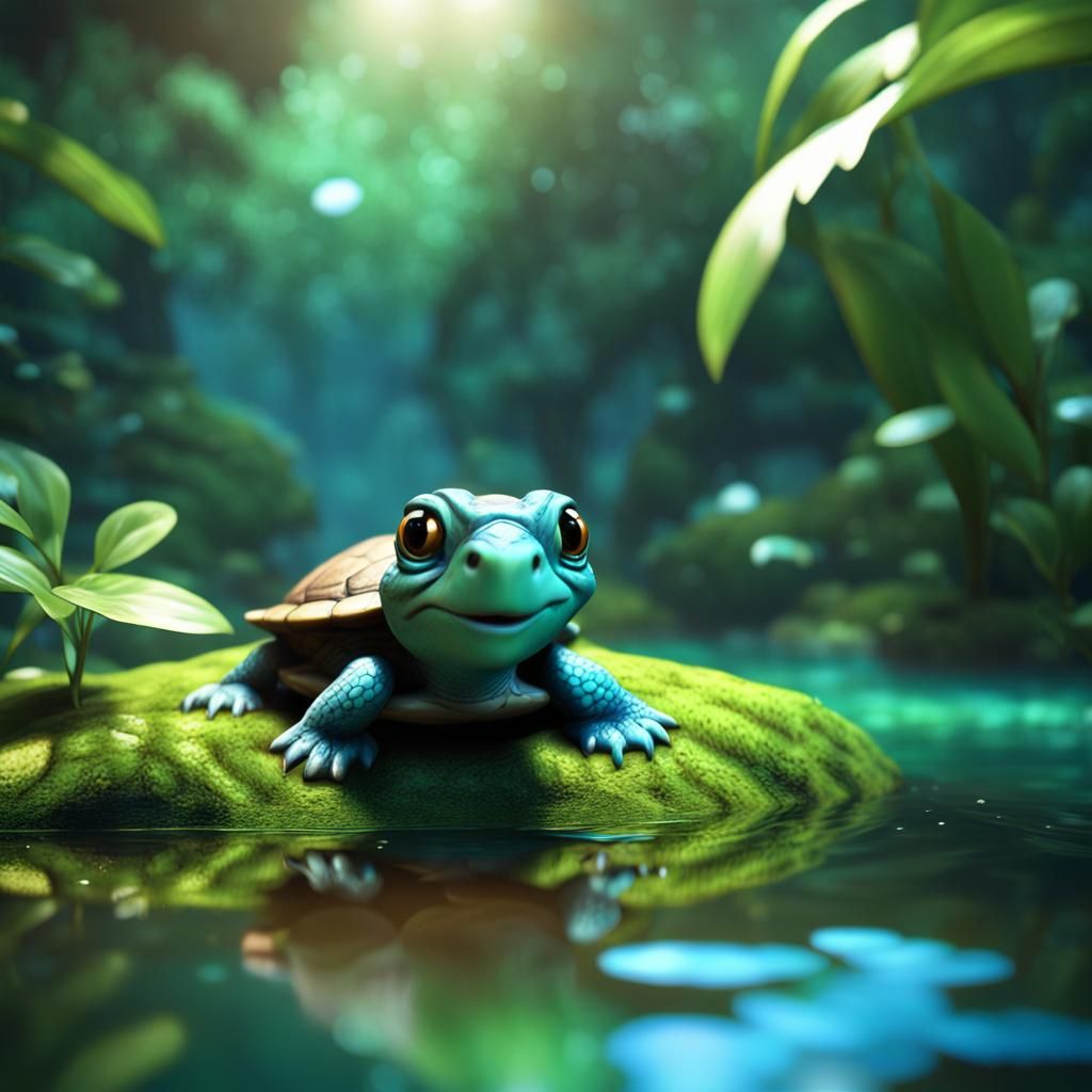 Cute Turtle Finds Pond in Hyperrealistic Jungle Scene