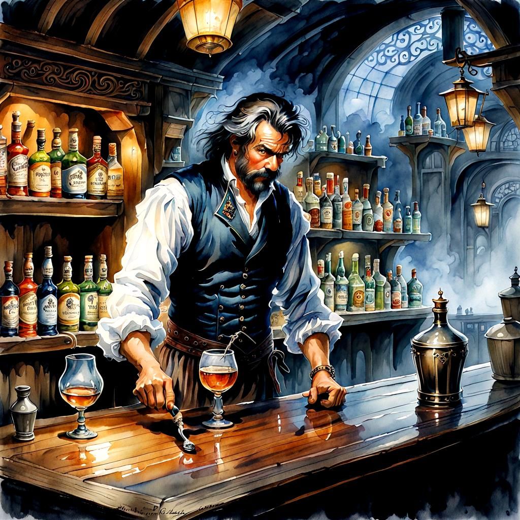 Fantasy Tavern Bartender in Watercolor Style