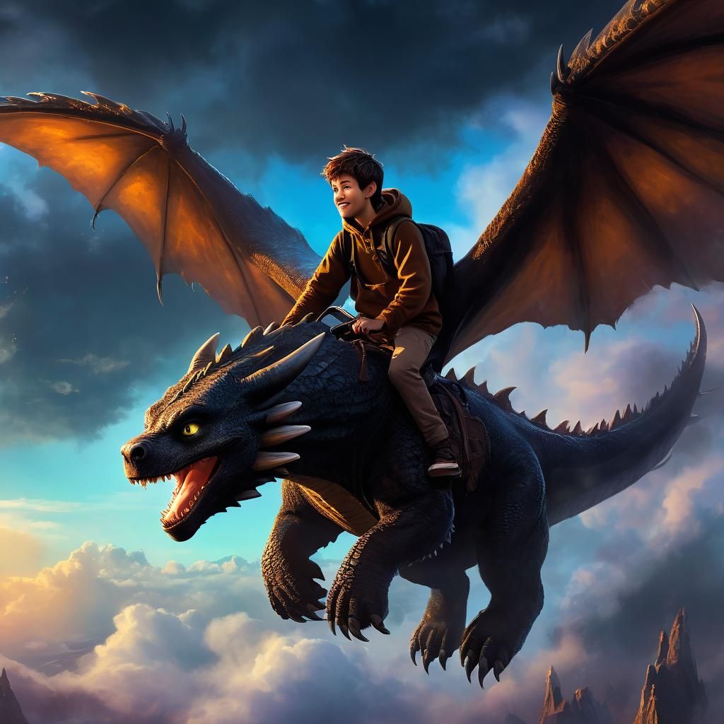 Boy Rides Toothless Dragon in DreamWorks Style