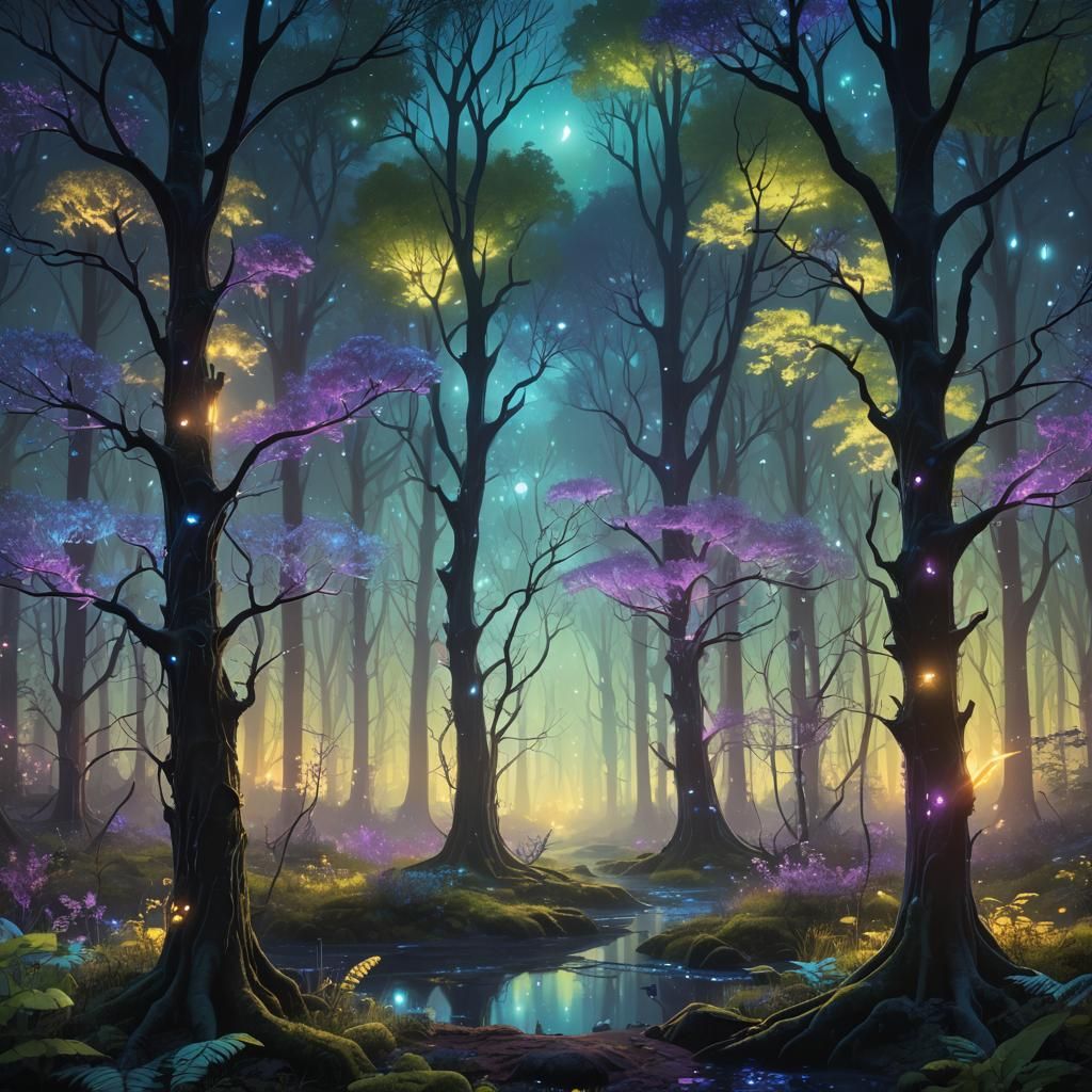 Glowing Bioluminescent Forest at Night: Fantasy Concept Art