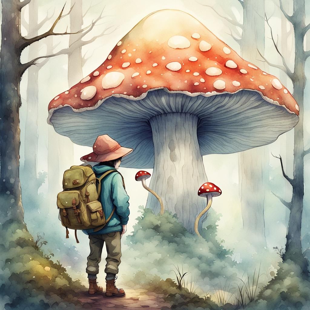 Mushroom Goblin in Misty Forest: Japanese Watercolor