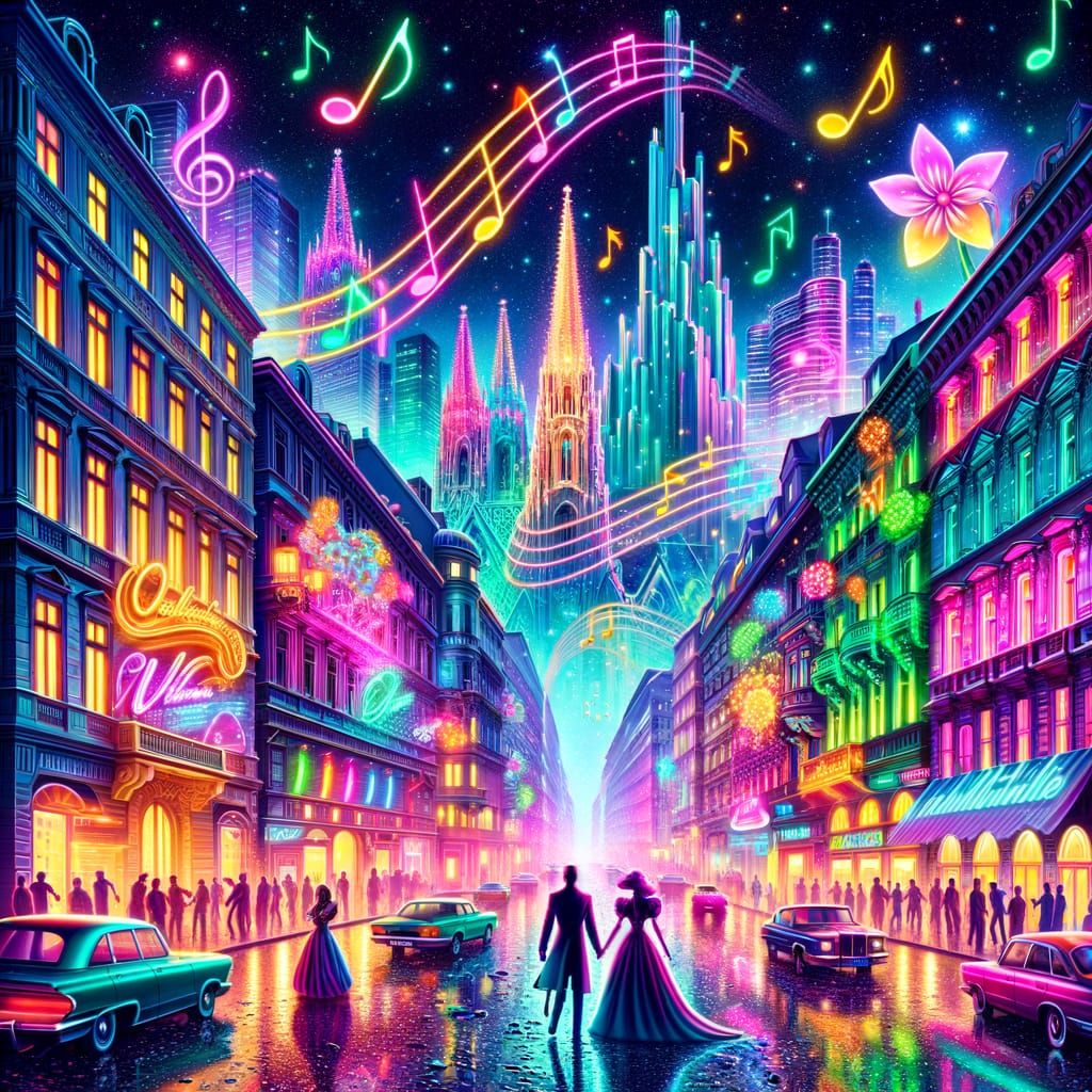 Vienna Cityscape Becomes 80s Neon Musical Fantasy