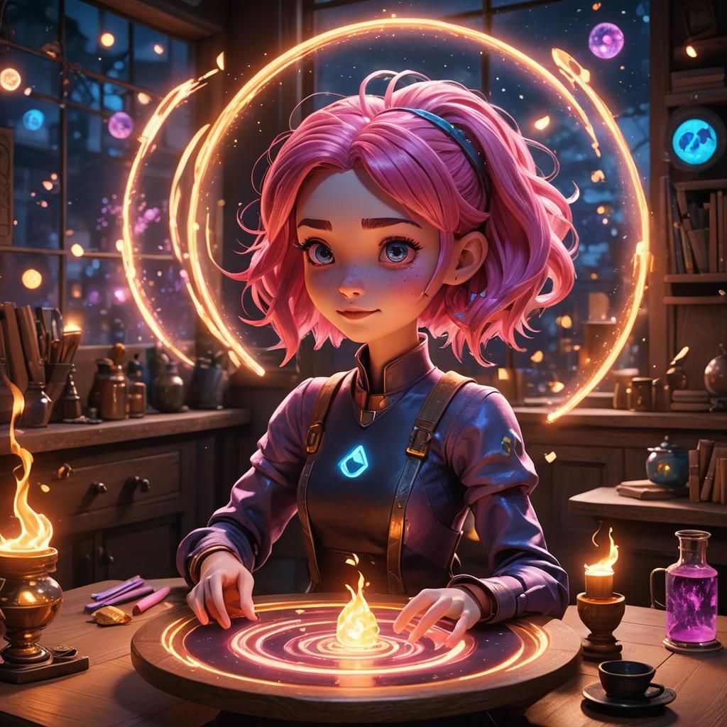 Alchemist Girl Creates Neon Fire: 3D Digital Art