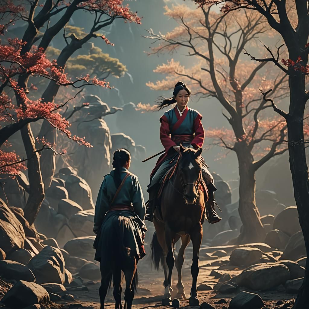 Cinematic Mulan Film Still in Live-Action Style