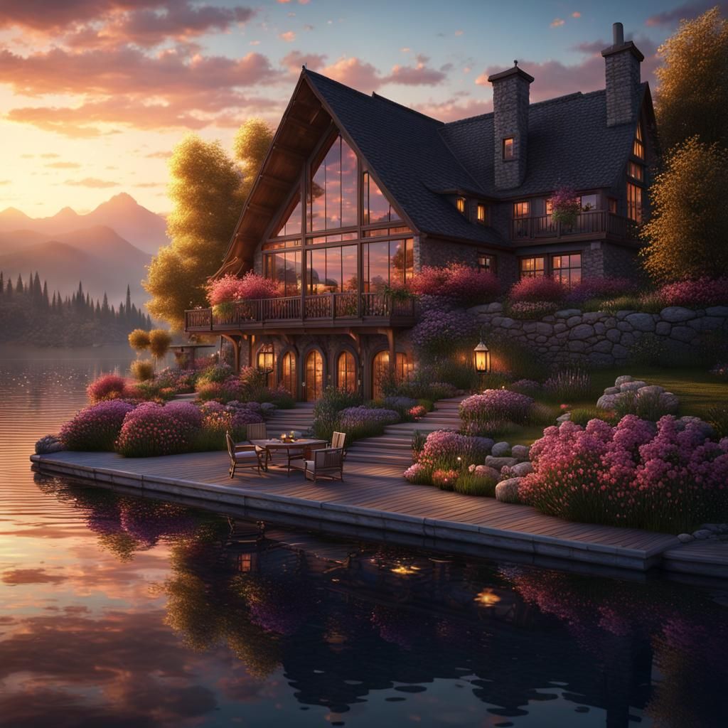 Lake House at Sunset with Mountain View