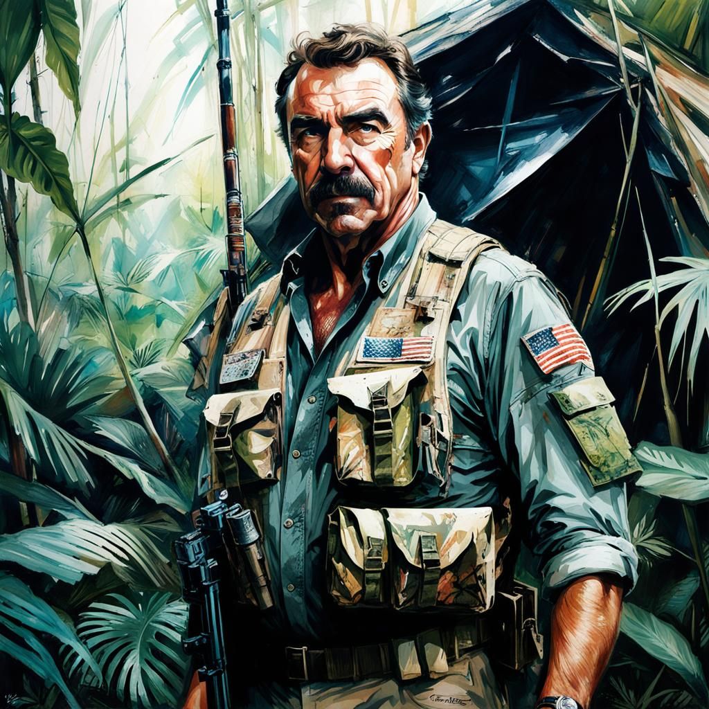 Tom Selleck as Jungle Survivalist in Mixed Media Style