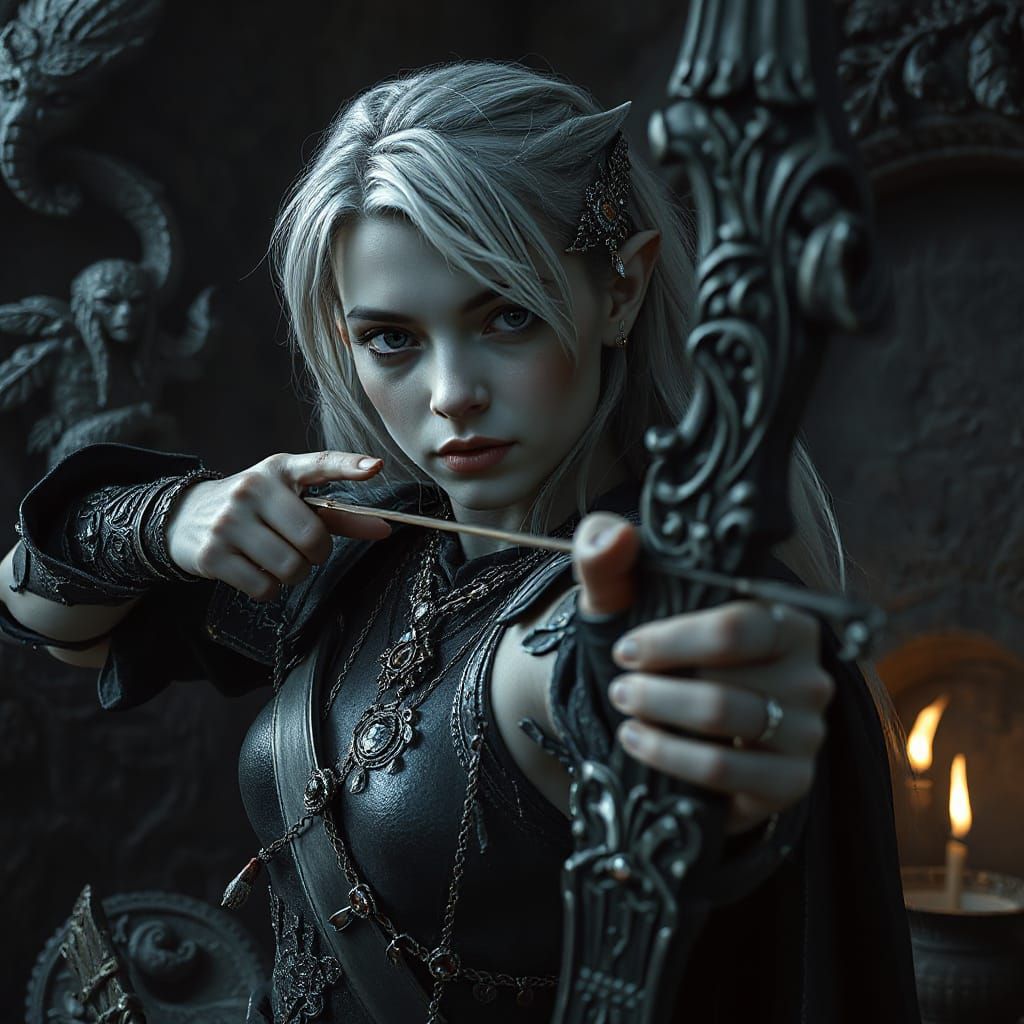 Dark Elf Archer in Ornate Armor with Arcane Bow