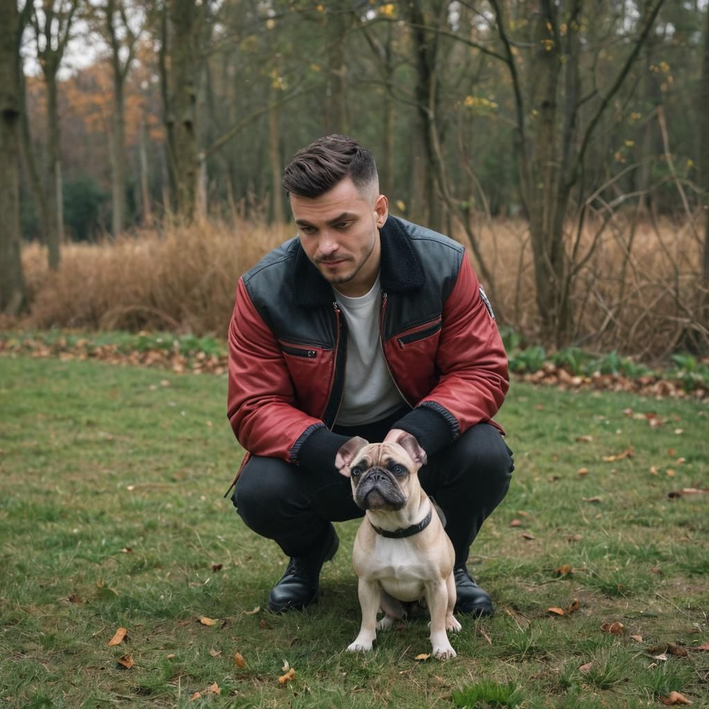 Photorealistic Portrait of a Slavic Man with French Bulldog
