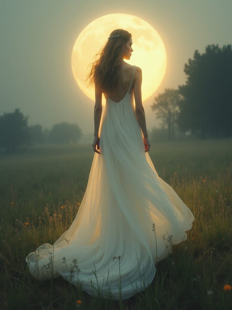 Ethereal Woman in Tranquil Landscape, Pre-Raphaelite Style