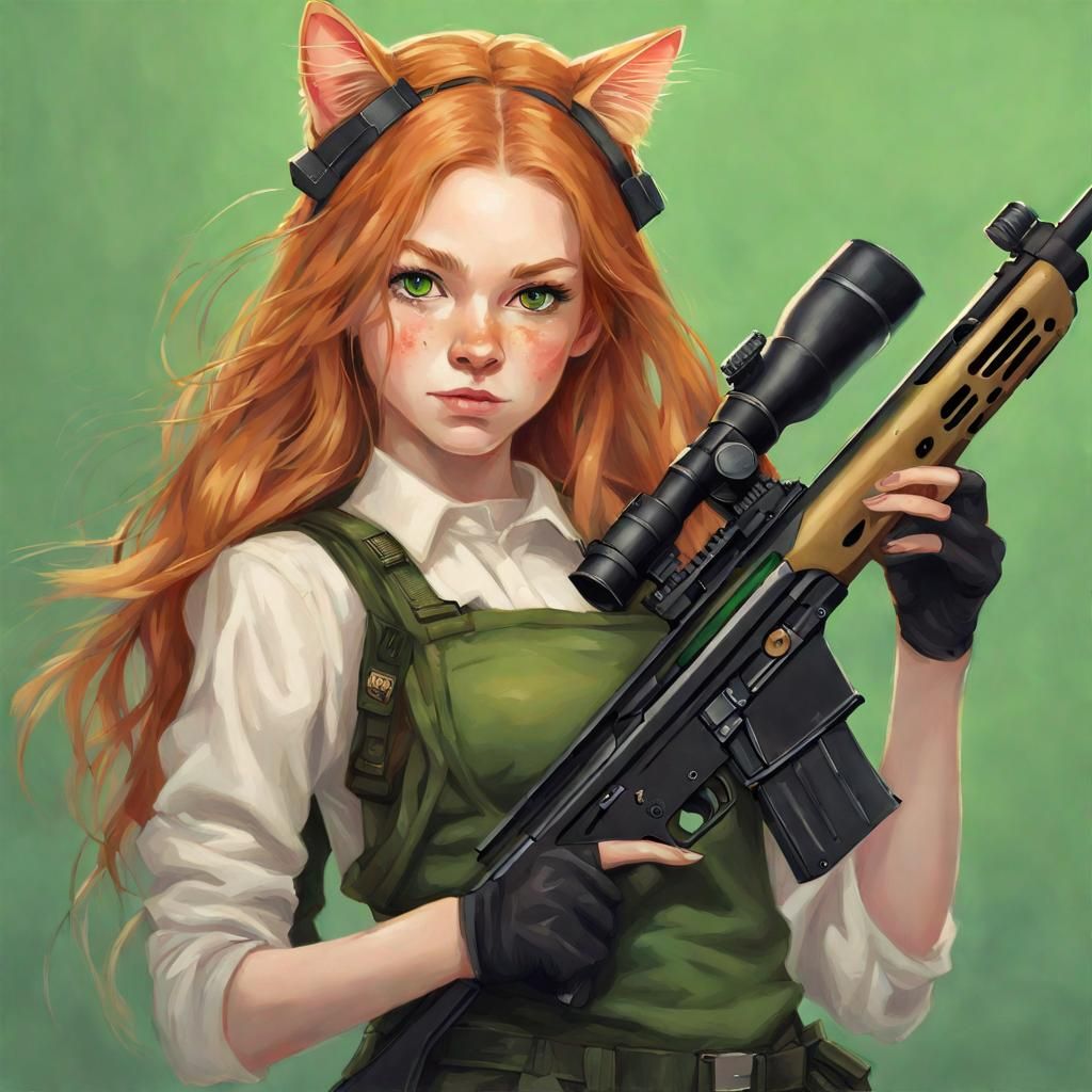 Girl with Cat Features Holding Sniper Rifle Portrait