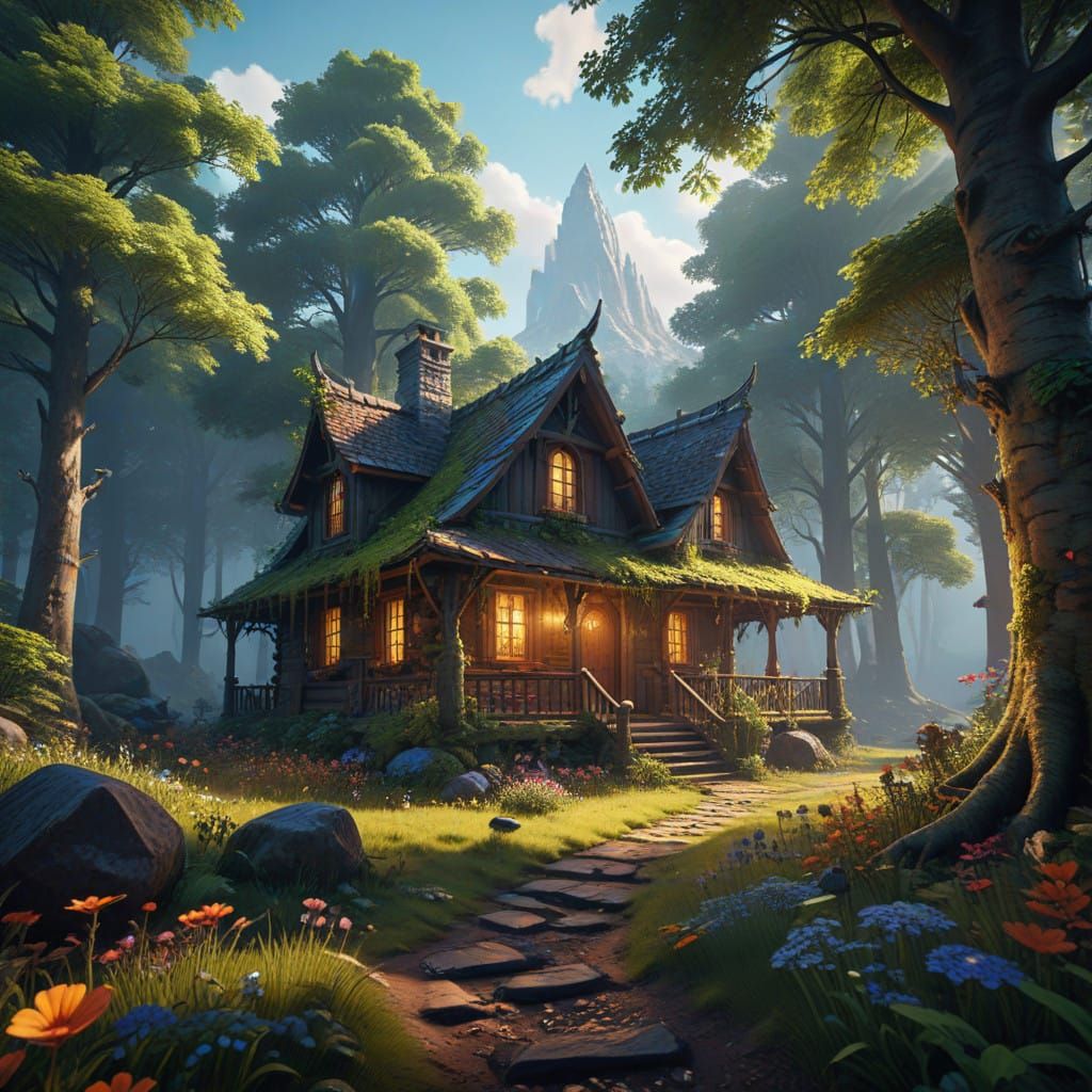 Enchanted Realism: Dreamlike Cabin Amidst Towering Trees