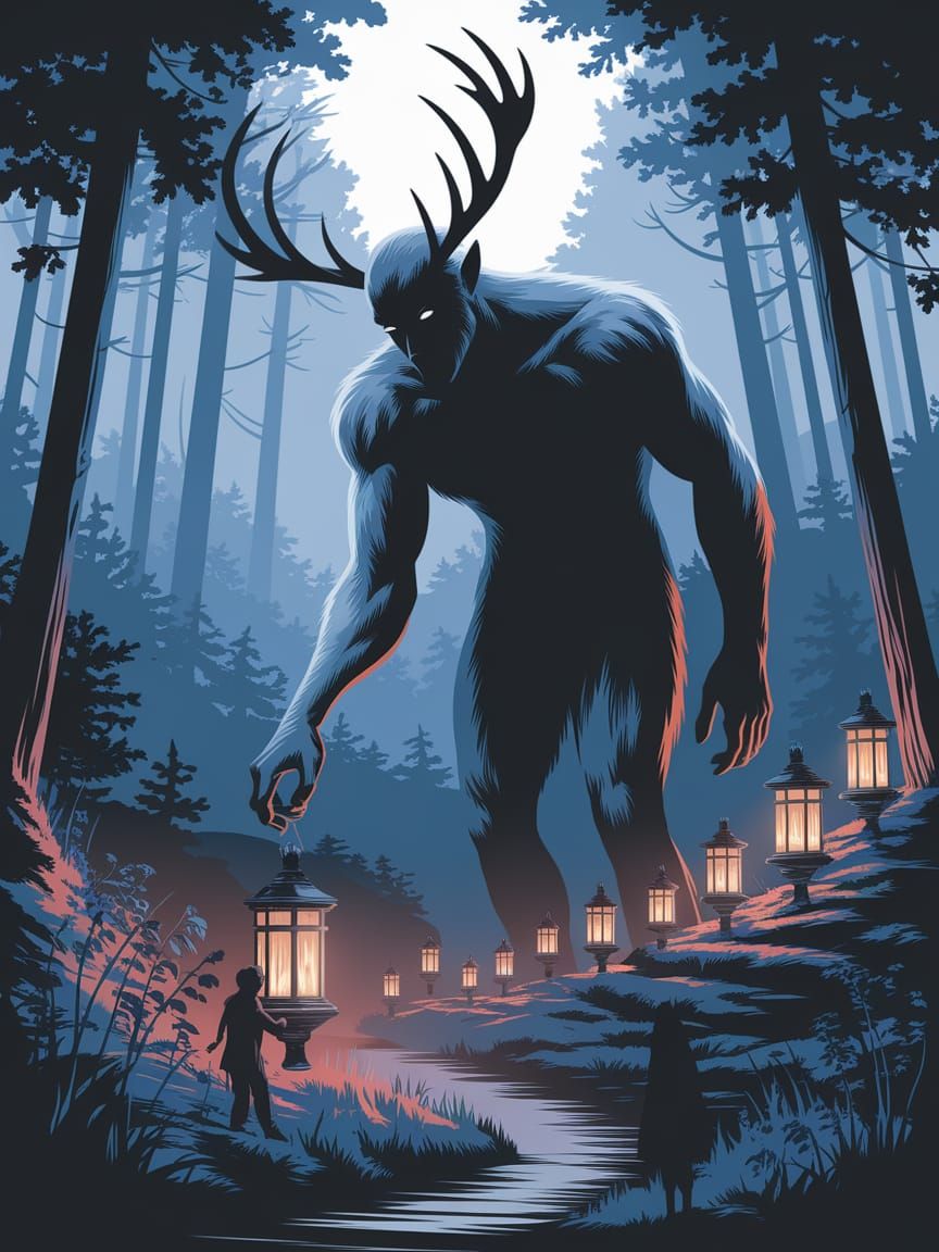 Antlered Giant Lights Lanterns in Dark Forest