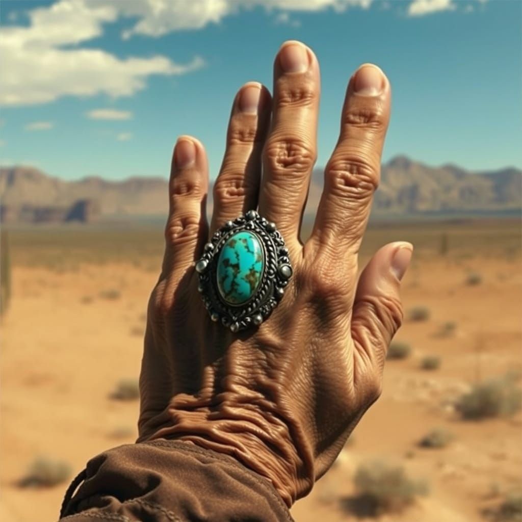 Ornate Ring on Wrinkled Hand in Desert Landscape