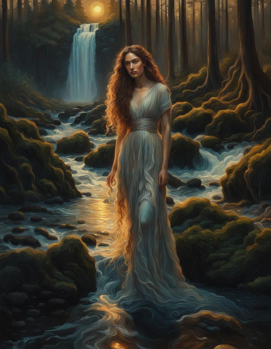 Dreamlike fantasy scene with forest, streams, and waterfalls at golden hour, with hyperrealistic brunette goddess with l...
