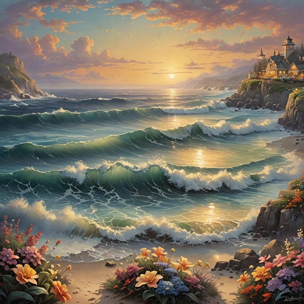 Ethereal Sunset Beach with Flowers, Kinkade Style