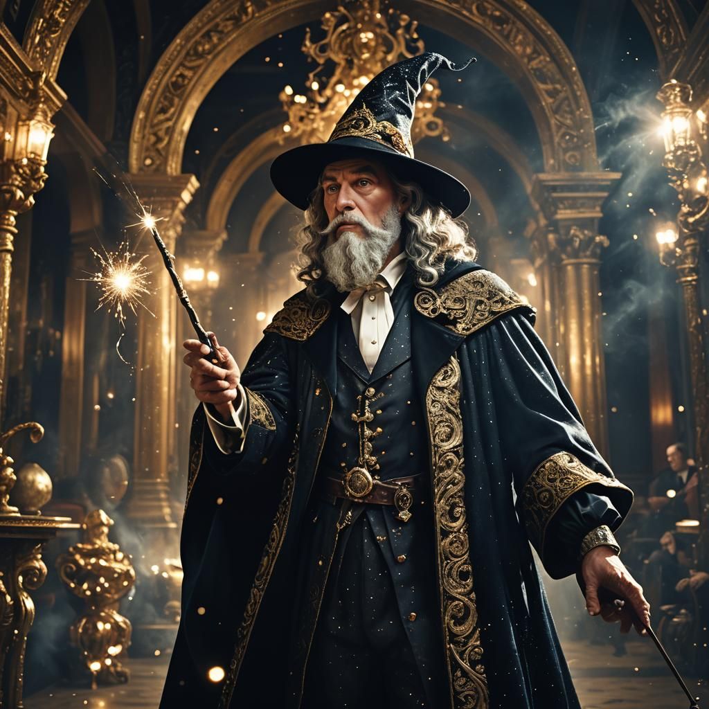 Baroque Wizard with Wand in Film Noir Style