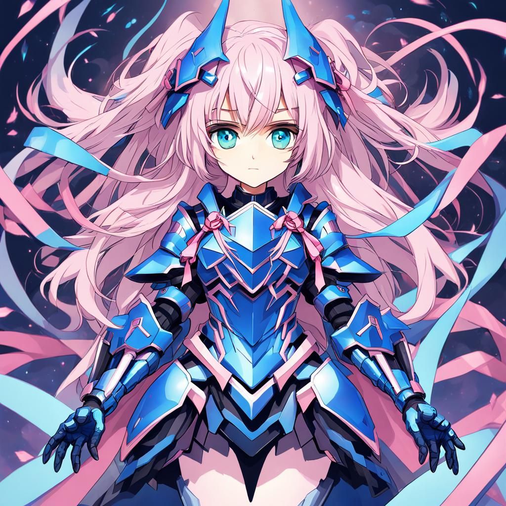 Armored Girl with Blue Eyes and Pink Ribbon