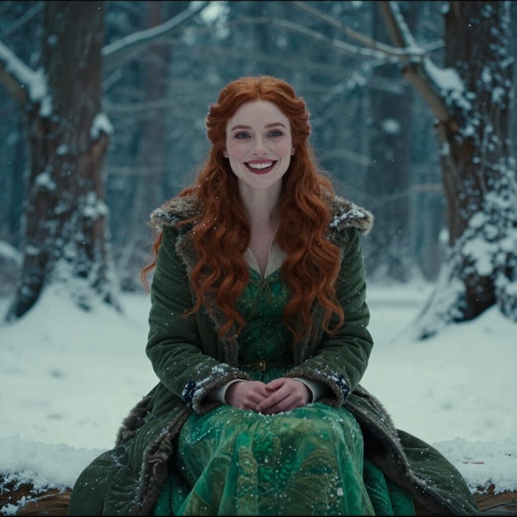 Woman in Green Dress Enjoys Winter Wonderland