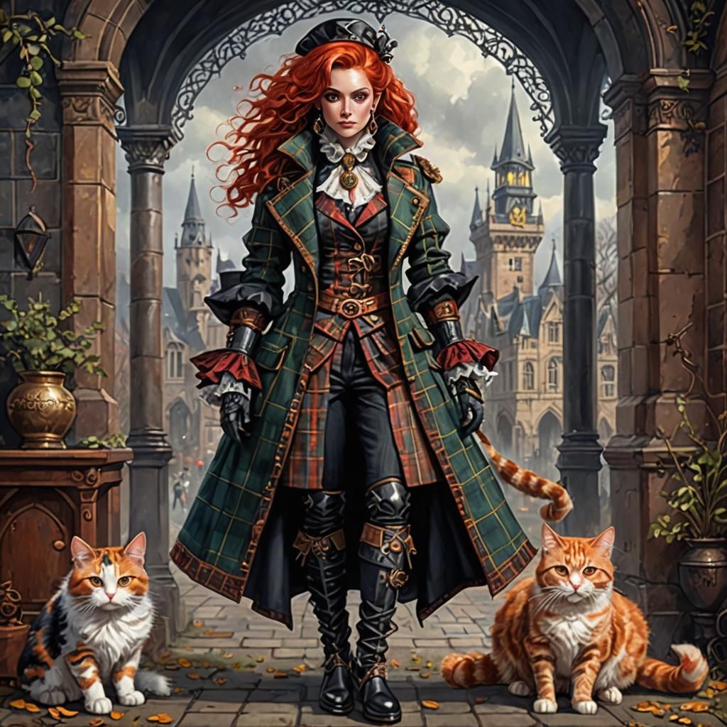 Gothic Fantasy Woman with Steampunk Cat