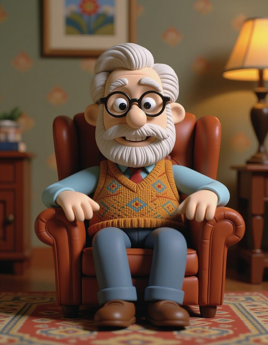 Elderly Man Claymation Figurine in Comfy Chair