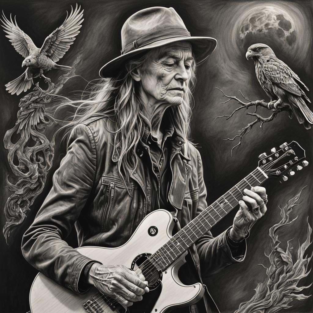 Eerie Charcoal: Man with Guitar in Dark Times