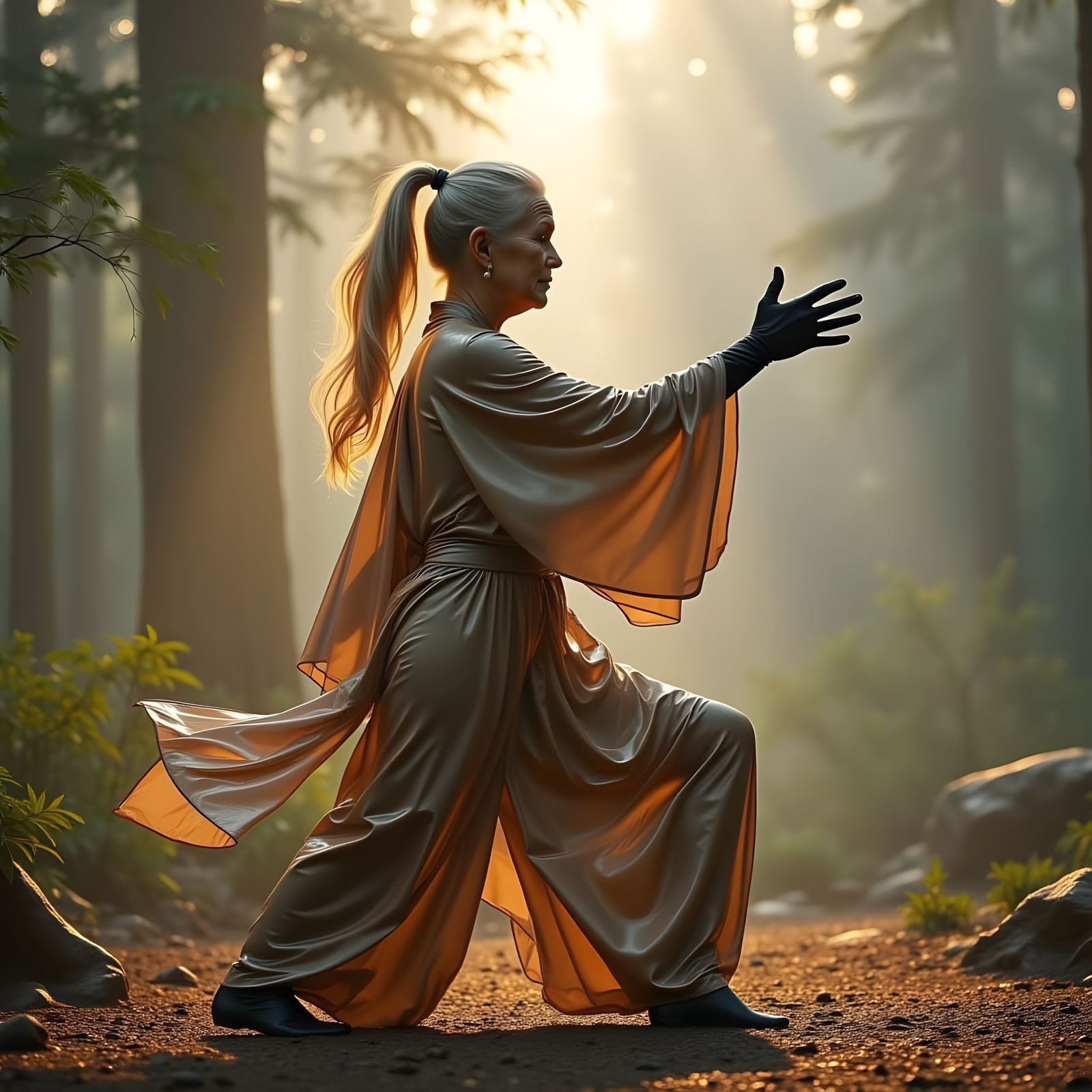 Thalia practices her Tai' Chi in the forest.