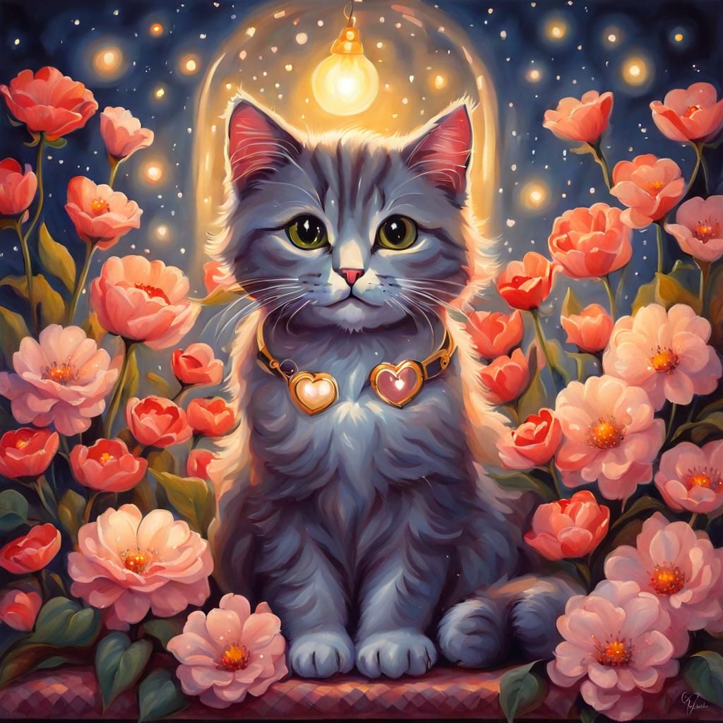 Cat on Pillow with Flowers in Fantasy Art Style