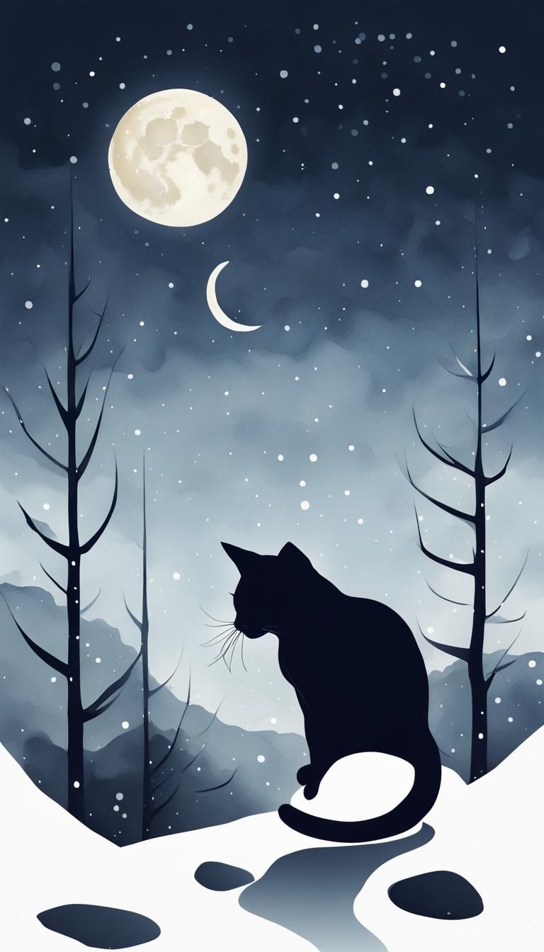 Minimalist Ink Painting of a Cat in Snow